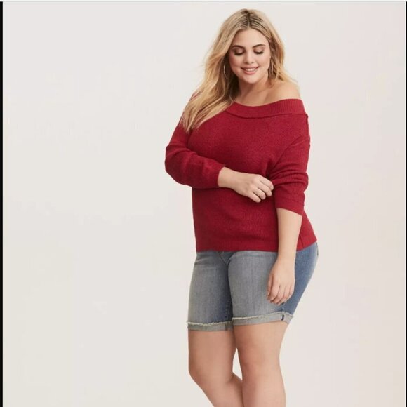 Torrid  Pullover Off-Shoulder Sweater, RED holiday 3x - Picture 2 of 10